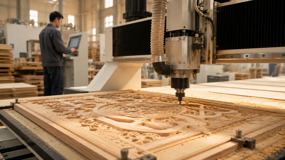 CNC routing machine cutting a custom wooden product in the Heze Yasheng factory